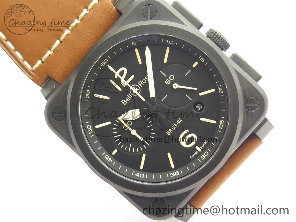 BR 03-94 Chrono PVD Black Dial Yellow Markers on Brown Leather Strap A7750 (Free Nylon Strap) Lightweight 4869