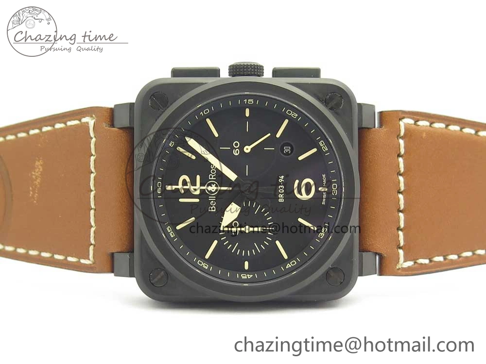 BR 03-94 Chrono PVD Black Dial Yellow Markers on Brown Leather Strap A7750 (Free Nylon Strap) Lightweight 4869