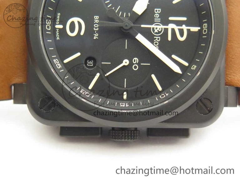 BR 03-94 Chrono PVD Black Dial Yellow Markers on Brown Leather Strap A7750 (Free Nylon Strap) Lightweight 4869