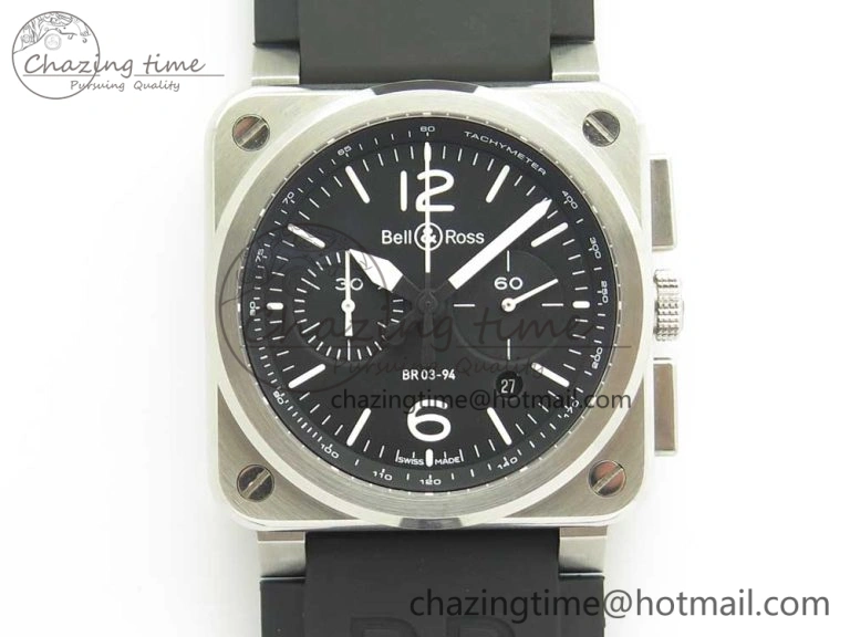 Elegant BR 03-94 Chrono SS Black Dial White Markers on Black Rubber Strap A7750 (Free Nylon Strap) 4872