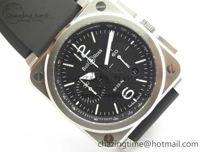 Elegant BR 03-94 Chrono SS Black Dial White Markers on Black Rubber Strap A7750 (Free Nylon Strap) 4872