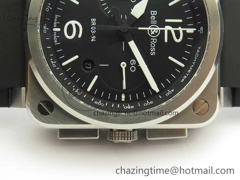 Elegant BR 03-94 Chrono SS Black Dial White Markers on Black Rubber Strap A7750 (Free Nylon Strap) 4872