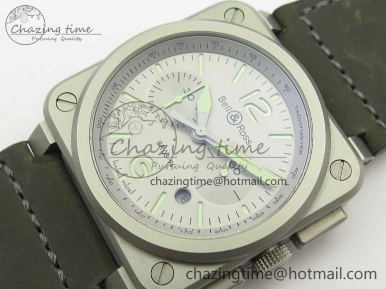 BR 03-94 Horolum Chrono Satin-polished Steel Gray Dial on Gray Leather Strap A7750 (Free Nylon Strap) Efficient 5177