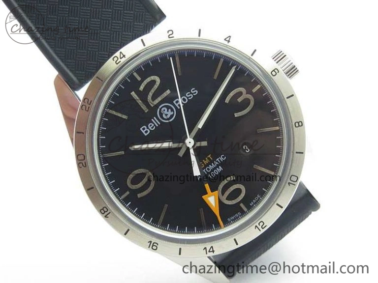 Attractive BR 123 GMT 24H SS Black Dial On Black Rubber Strap A 5205