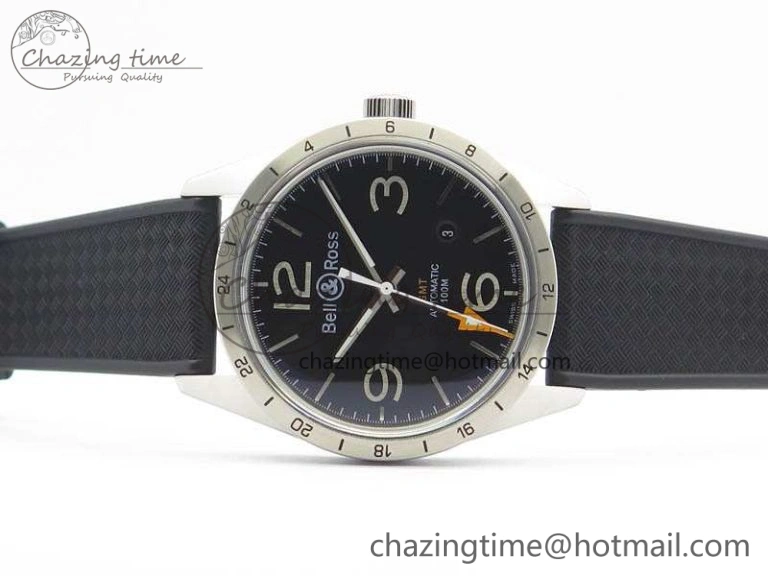 Attractive BR 123 GMT 24H SS Black Dial On Black Rubber Strap A 5205