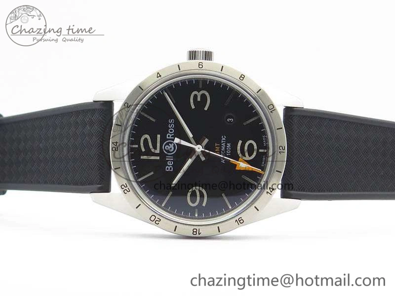 Attractive BR 123 GMT 24H SS Black Dial On Black Rubber Strap A 5205