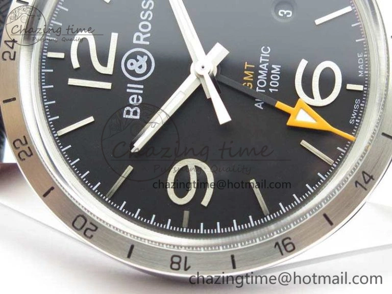 Attractive BR 123 GMT 24H SS Black Dial On Black Rubber Strap A 5205