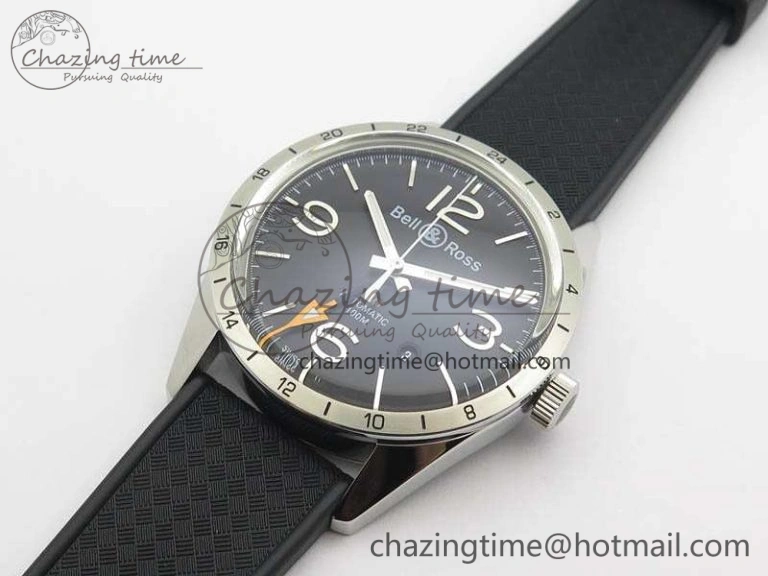 Attractive BR 123 GMT 24H SS Black Dial On Black Rubber Strap A 5205