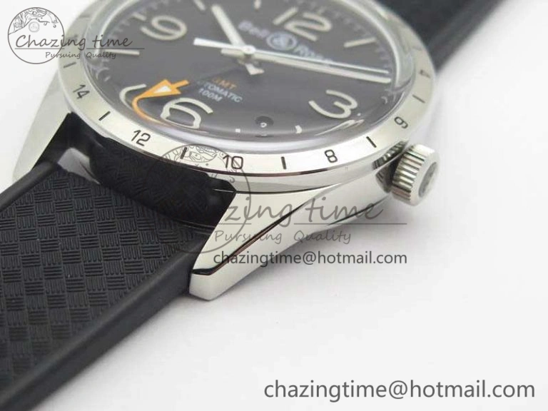 Attractive BR 123 GMT 24H SS Black Dial On Black Rubber Strap A 5205