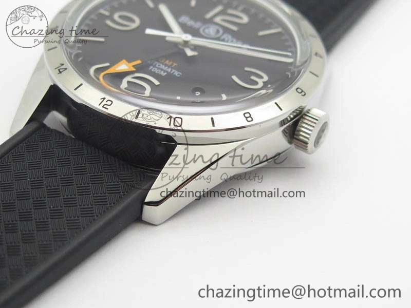 Attractive BR 123 GMT 24H SS Black Dial On Black Rubber Strap A 5205