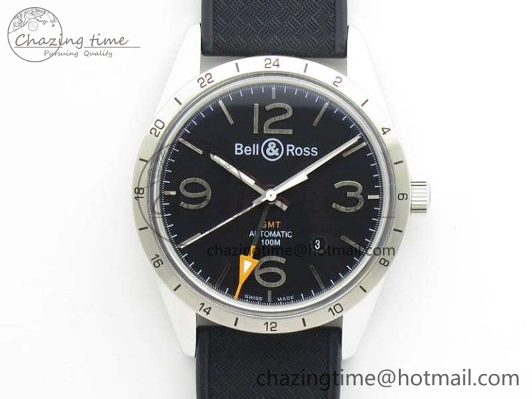 Attractive BR 123 GMT 24H SS Black Dial On Black Rubber Strap A 5205