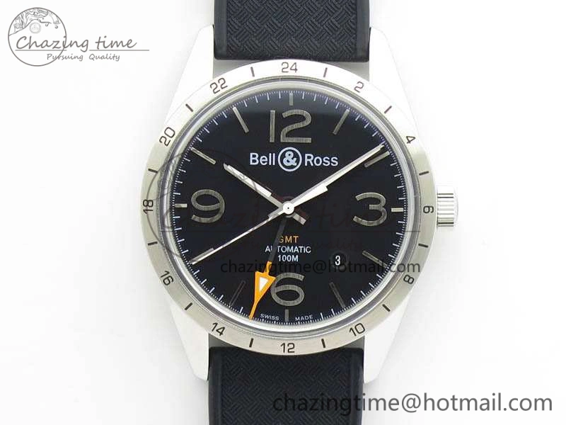 Attractive BR 123 GMT 24H SS Black Dial On Black Rubber Strap A 5205