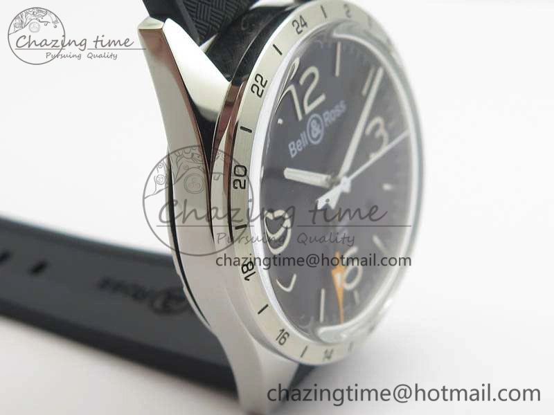 Attractive BR 123 GMT 24H SS Black Dial On Black Rubber Strap A 5205