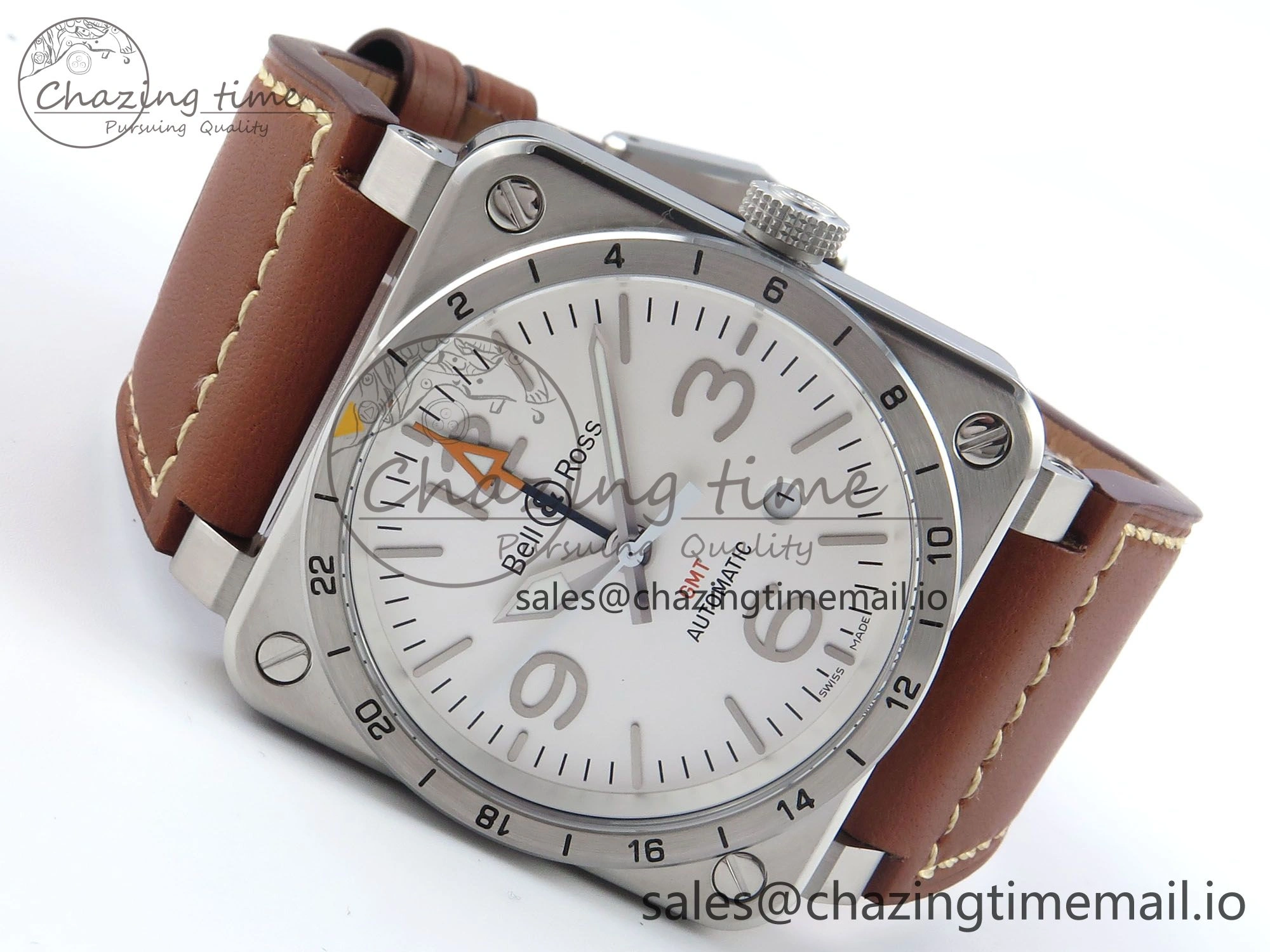 Affordable BR03-93 GMT BRF 1:1 Best Edition White Dial on Brown Leather Strap A 5160