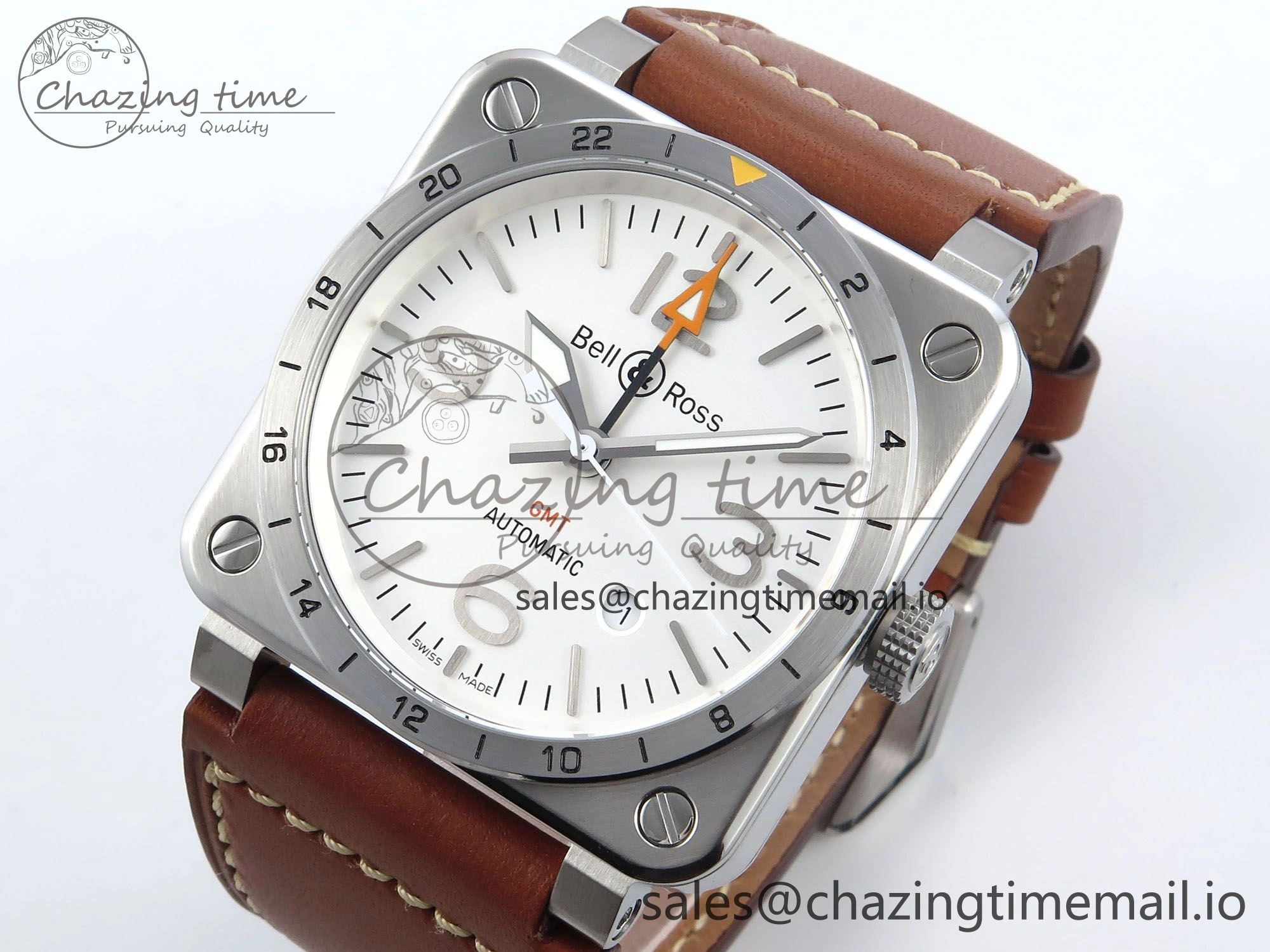 Affordable BR03-93 GMT BRF 1:1 Best Edition White Dial on Brown Leather Strap A 5160