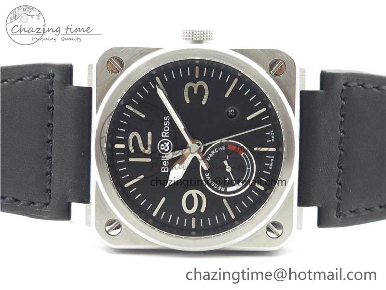 WaterResistant BR03-97 Automatic Power Reserve SS Black Dial on Black Leather Strap A23J (Free Nylon) 5171