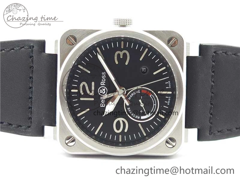 WaterResistant BR03-97 Automatic Power Reserve SS Black Dial on Black Leather Strap A23J (Free Nylon) 5171