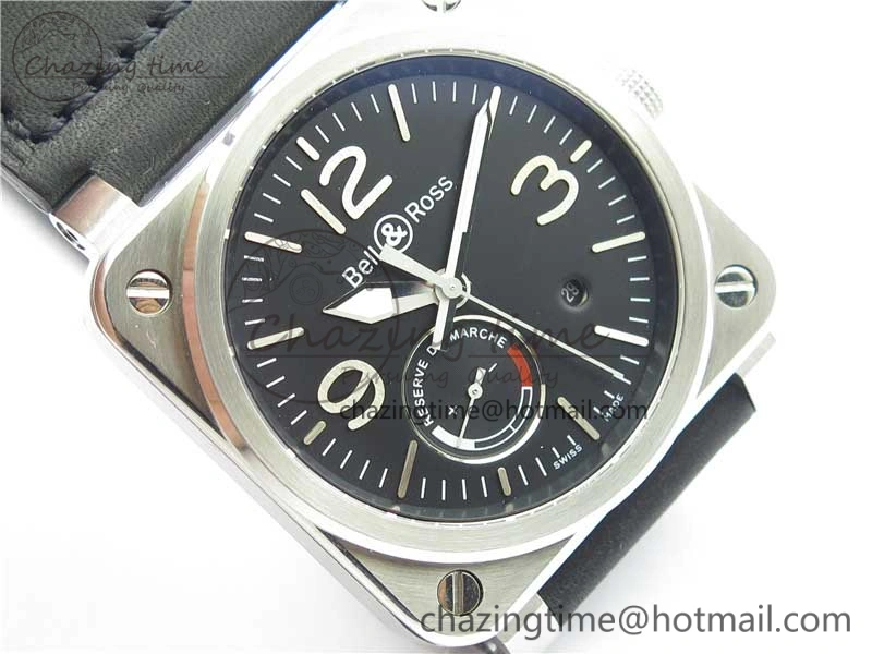 WaterResistant BR03-97 Automatic Power Reserve SS Black Dial on Black Leather Strap A23J (Free Nylon) 5171