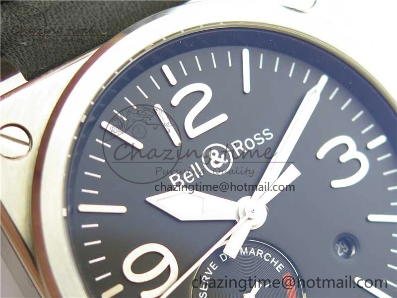 WaterResistant BR03-97 Automatic Power Reserve SS Black Dial on Black Leather Strap A23J (Free Nylon) 5171