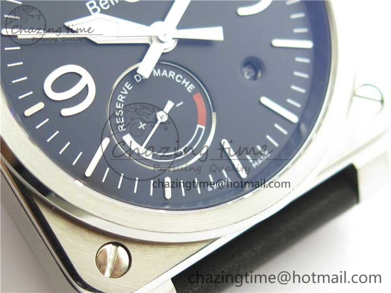 WaterResistant BR03-97 Automatic Power Reserve SS Black Dial on Black Leather Strap A23J (Free Nylon) 5171