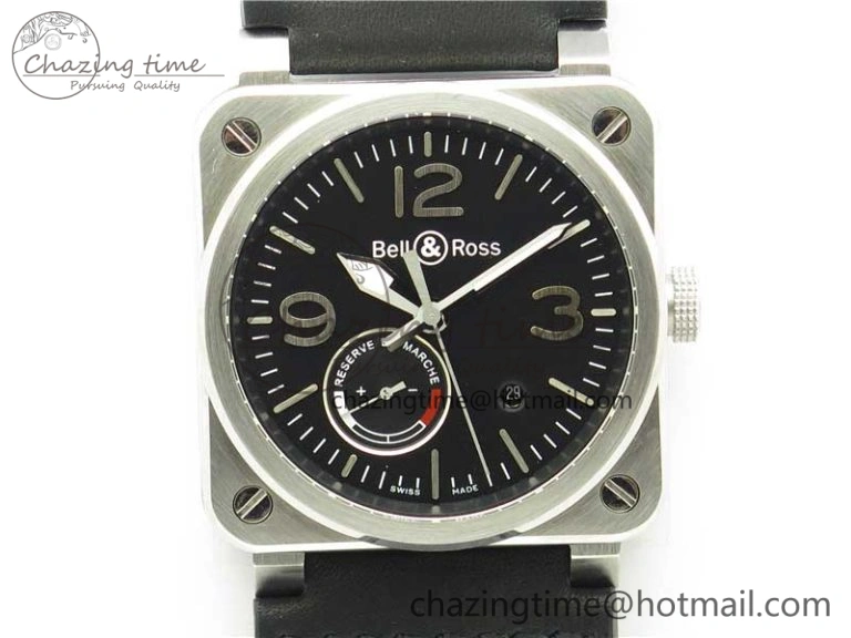 WaterResistant BR03-97 Automatic Power Reserve SS Black Dial on Black Leather Strap A23J (Free Nylon) 5171