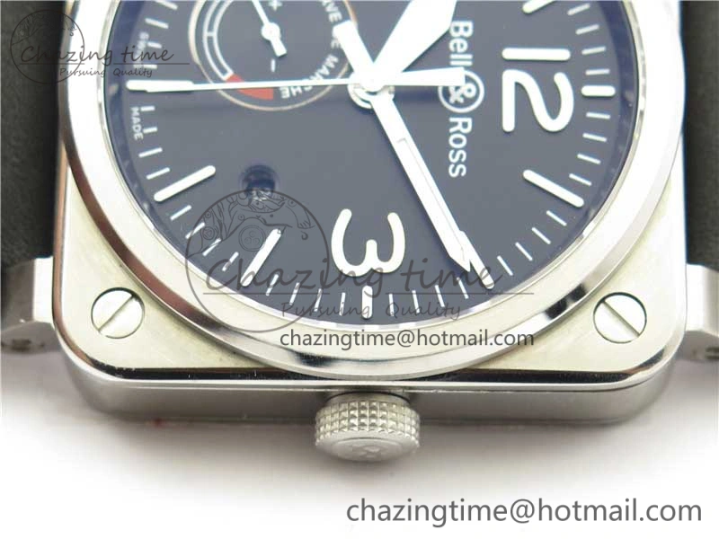 WaterResistant BR03-97 Automatic Power Reserve SS Black Dial on Black Leather Strap A23J (Free Nylon) 5171