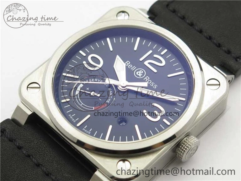 WaterResistant BR03-97 Automatic Power Reserve SS Black Dial on Black Leather Strap A23J (Free Nylon) 5171