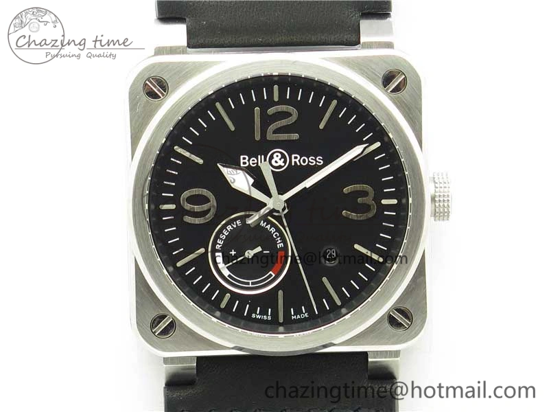 WaterResistant BR03-97 Automatic Power Reserve SS Black Dial on Black Leather Strap A23J (Free Nylon) 5171