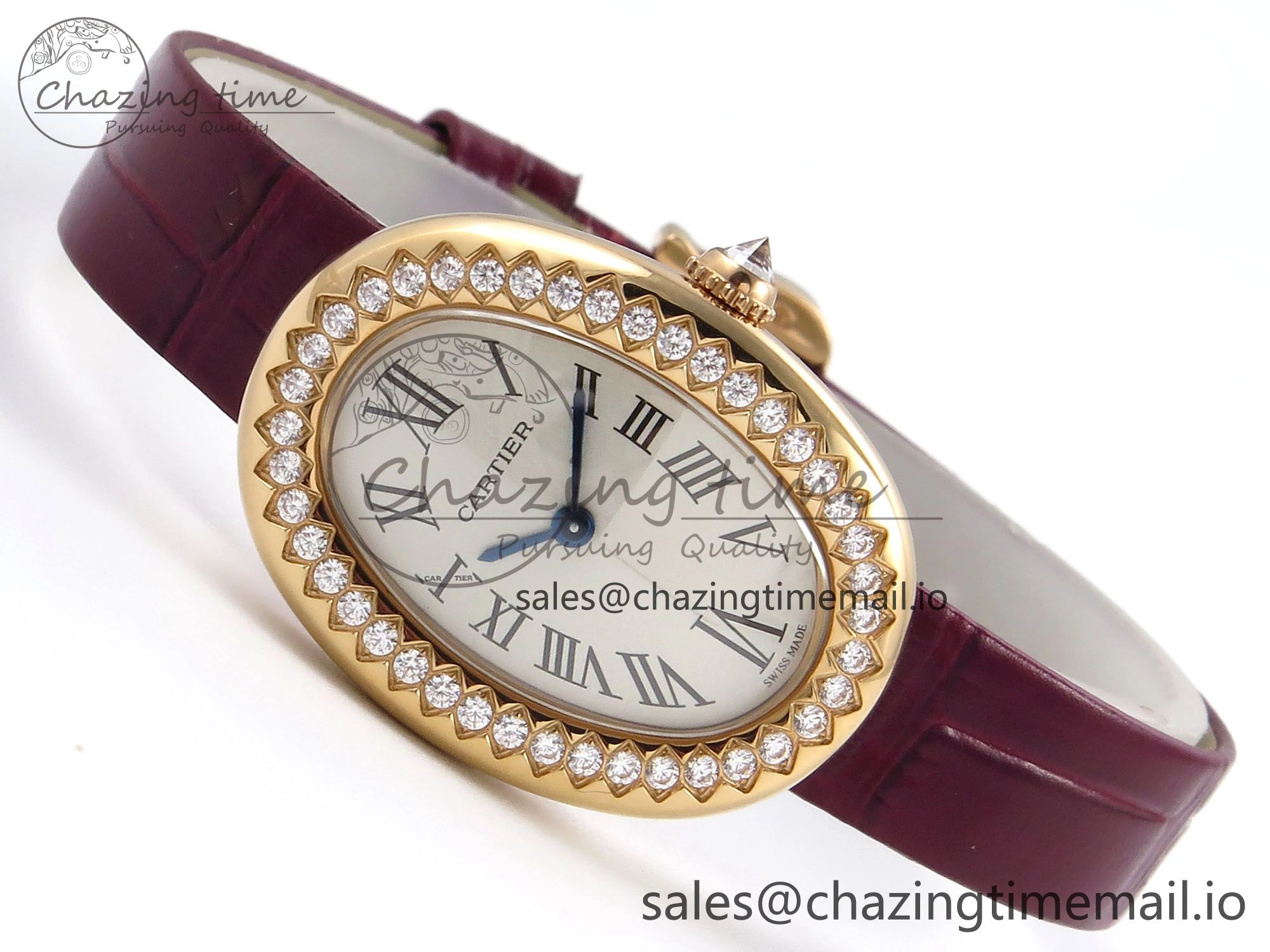 Fashionable Baignoire De Cartier RG AF 1:1 Best Edition Silver Dial Diamonds Bezel on Red Leather Strap Ronda Quartz 5863
