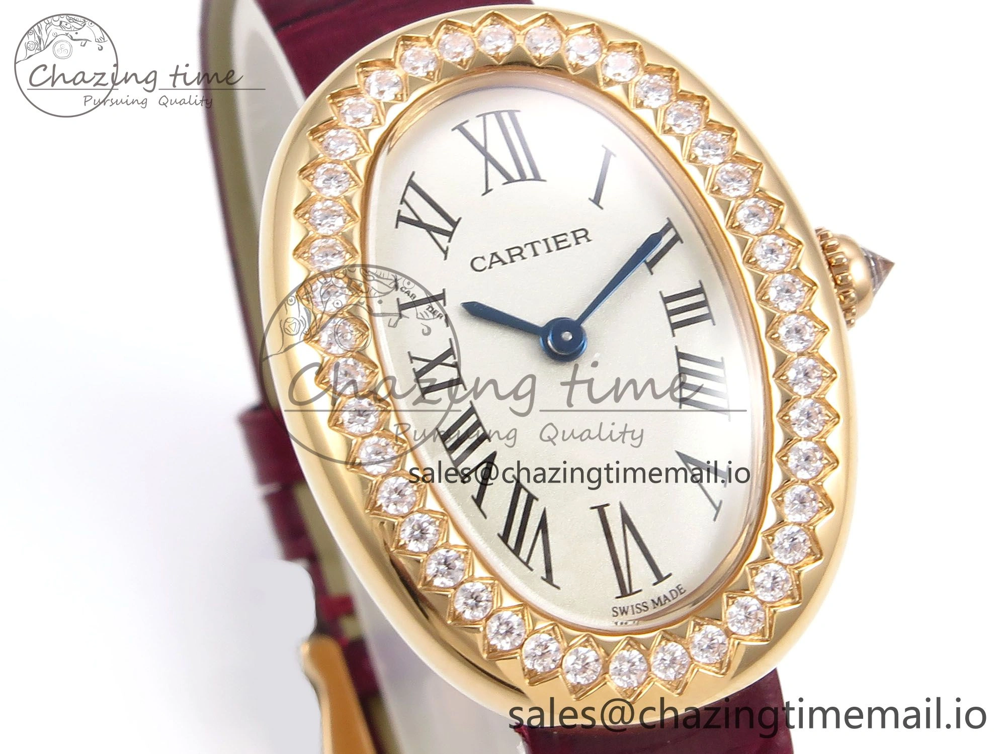 Fashionable Baignoire De Cartier RG AF 1:1 Best Edition Silver Dial Diamonds Bezel on Red Leather Strap Ronda Quartz 5863