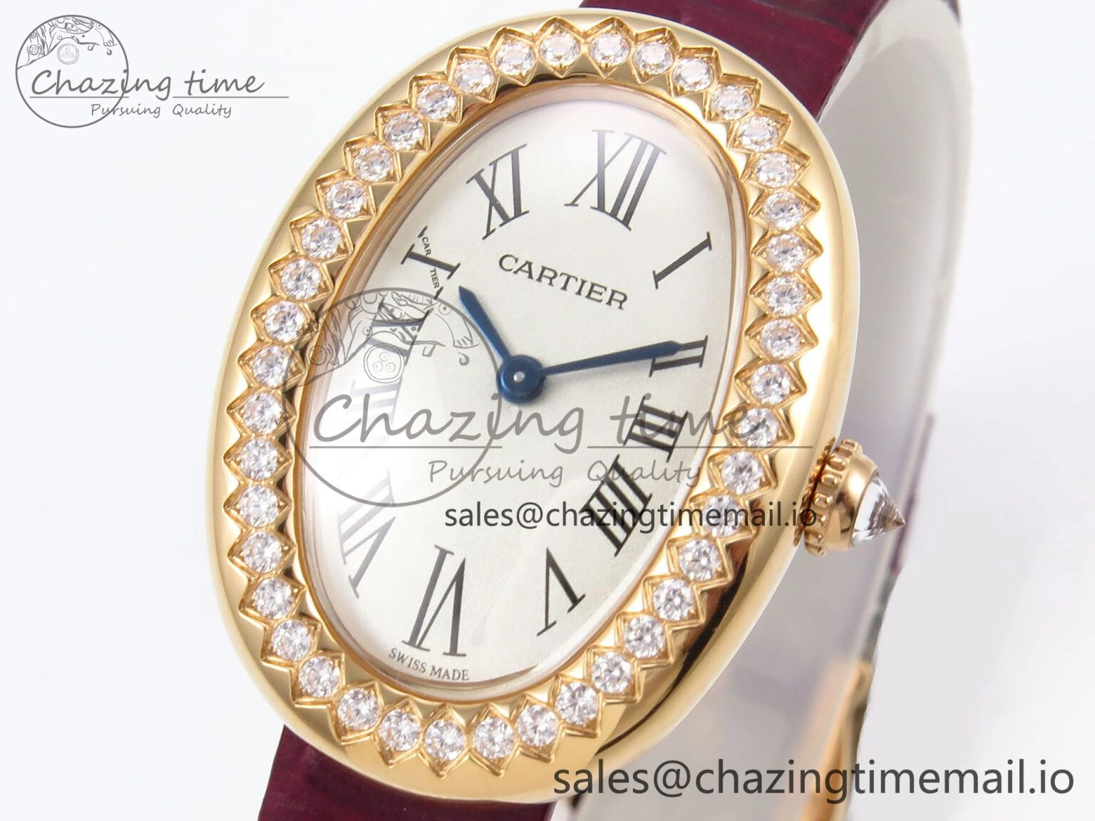 Fashionable Baignoire De Cartier RG AF 1:1 Best Edition Silver Dial Diamonds Bezel on Red Leather Strap Ronda Quartz 5863