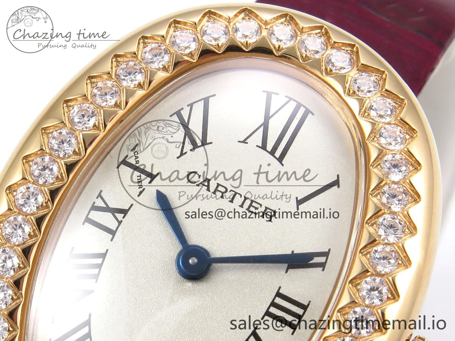 Fashionable Baignoire De Cartier RG AF 1:1 Best Edition Silver Dial Diamonds Bezel on Red Leather Strap Ronda Quartz 5863