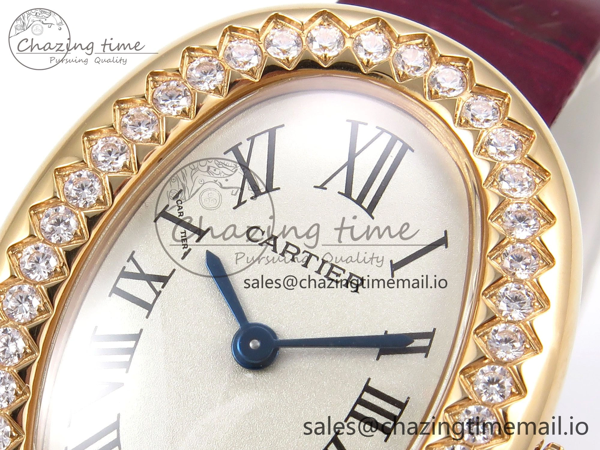 Fashionable Baignoire De Cartier RG AF 1:1 Best Edition Silver Dial Diamonds Bezel on Red Leather Strap Ronda Quartz 5863