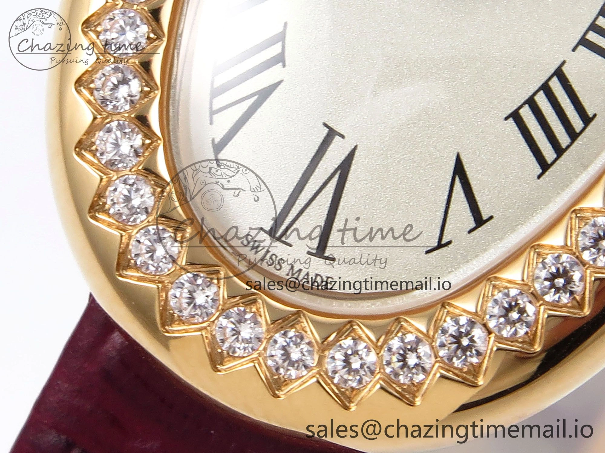 Fashionable Baignoire De Cartier RG AF 1:1 Best Edition Silver Dial Diamonds Bezel on Red Leather Strap Ronda Quartz 5863
