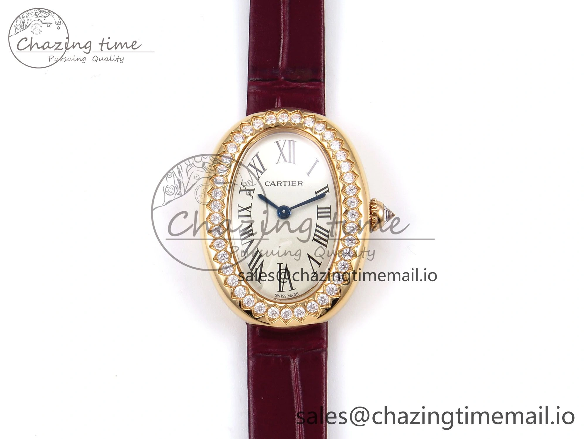 Fashionable Baignoire De Cartier RG AF 1:1 Best Edition Silver Dial Diamonds Bezel on Red Leather Strap Ronda Quartz 5863