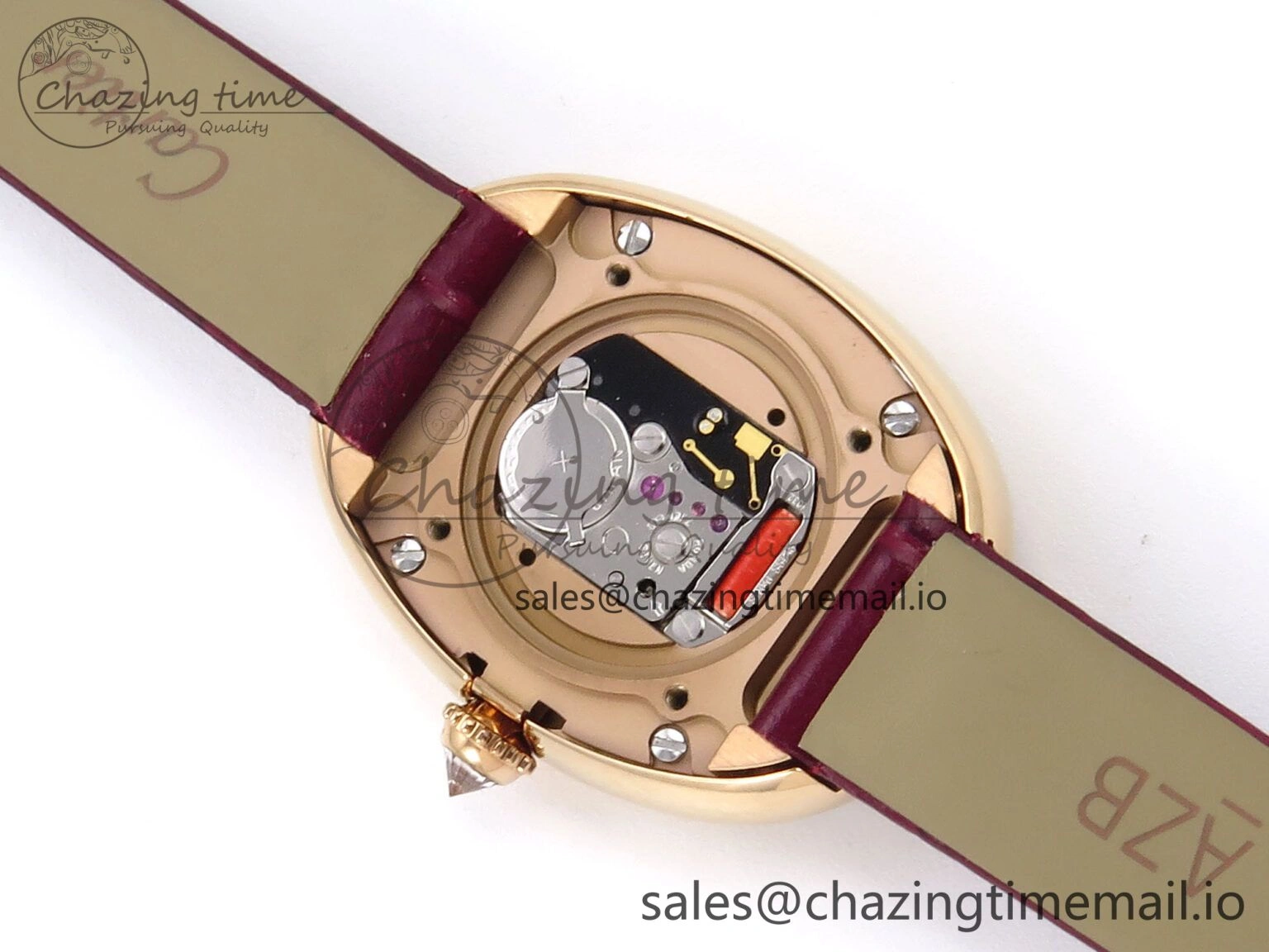 Fashionable Baignoire De Cartier RG AF 1:1 Best Edition Silver Dial Diamonds Bezel on Red Leather Strap Ronda Quartz 5863