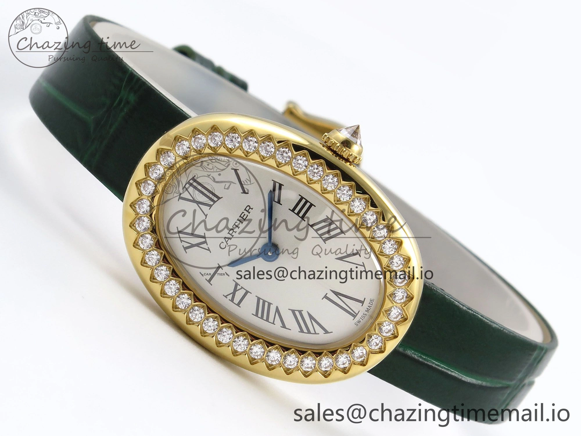 FlexibleFit Baignoire De Cartier YG AF 1:1 Best Edition Silver Dial Diamonds Bezel on Green Leather Strap Ronda Quartz 5861