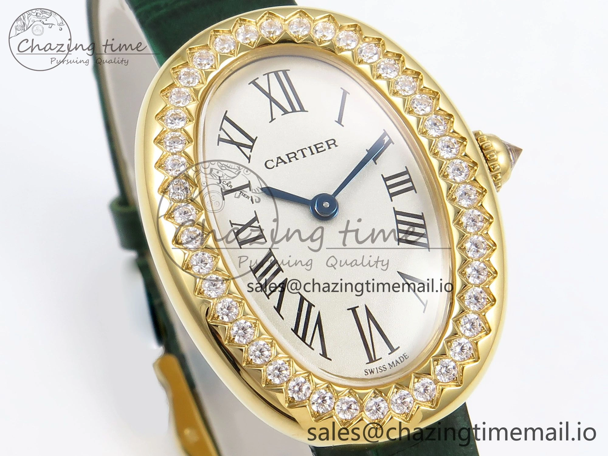 FlexibleFit Baignoire De Cartier YG AF 1:1 Best Edition Silver Dial Diamonds Bezel on Green Leather Strap Ronda Quartz 5861
