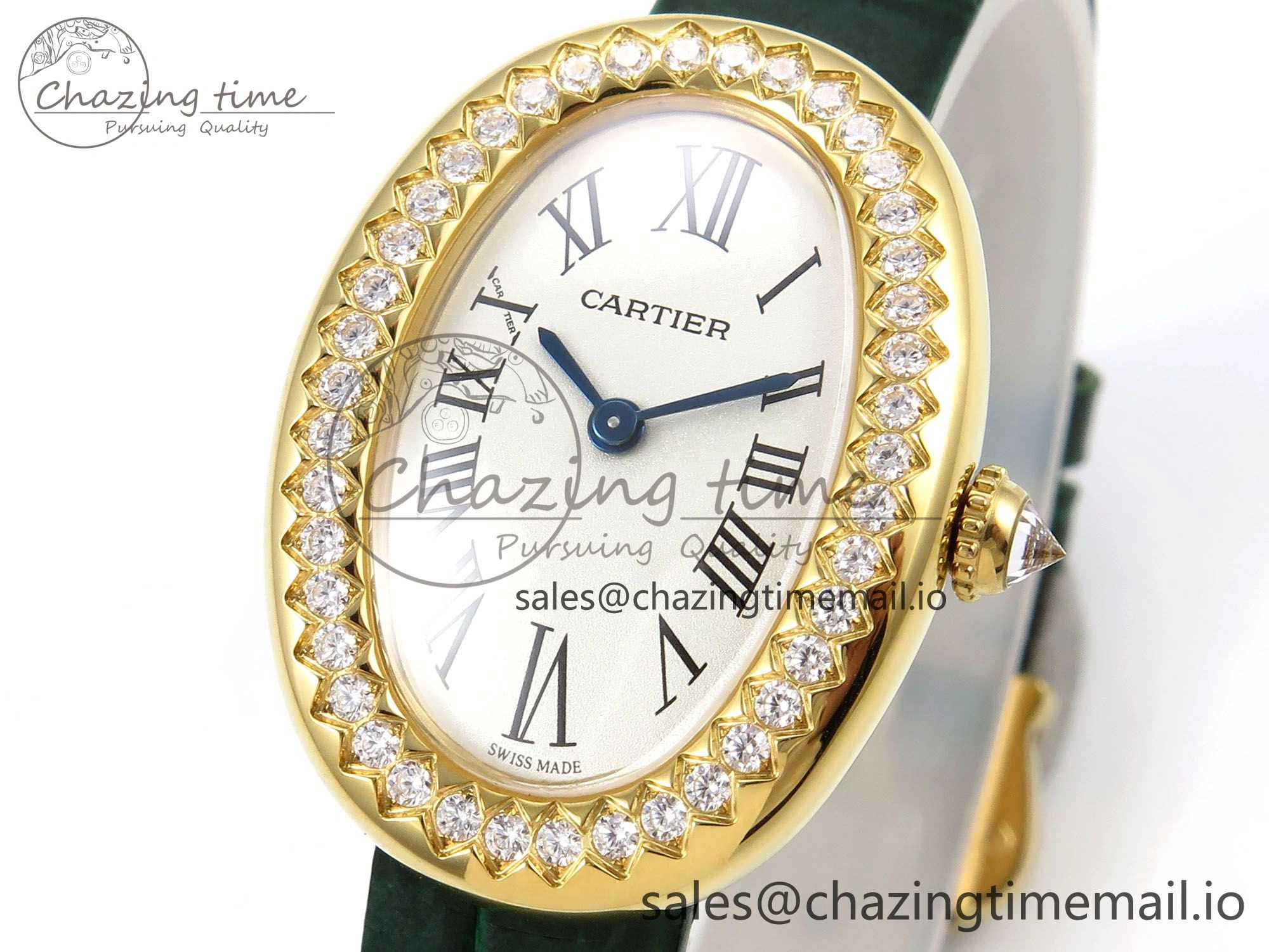 FlexibleFit Baignoire De Cartier YG AF 1:1 Best Edition Silver Dial Diamonds Bezel on Green Leather Strap Ronda Quartz 5861