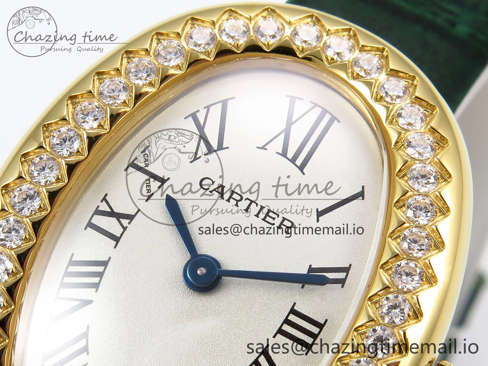 FlexibleFit Baignoire De Cartier YG AF 1:1 Best Edition Silver Dial Diamonds Bezel on Green Leather Strap Ronda Quartz 5861