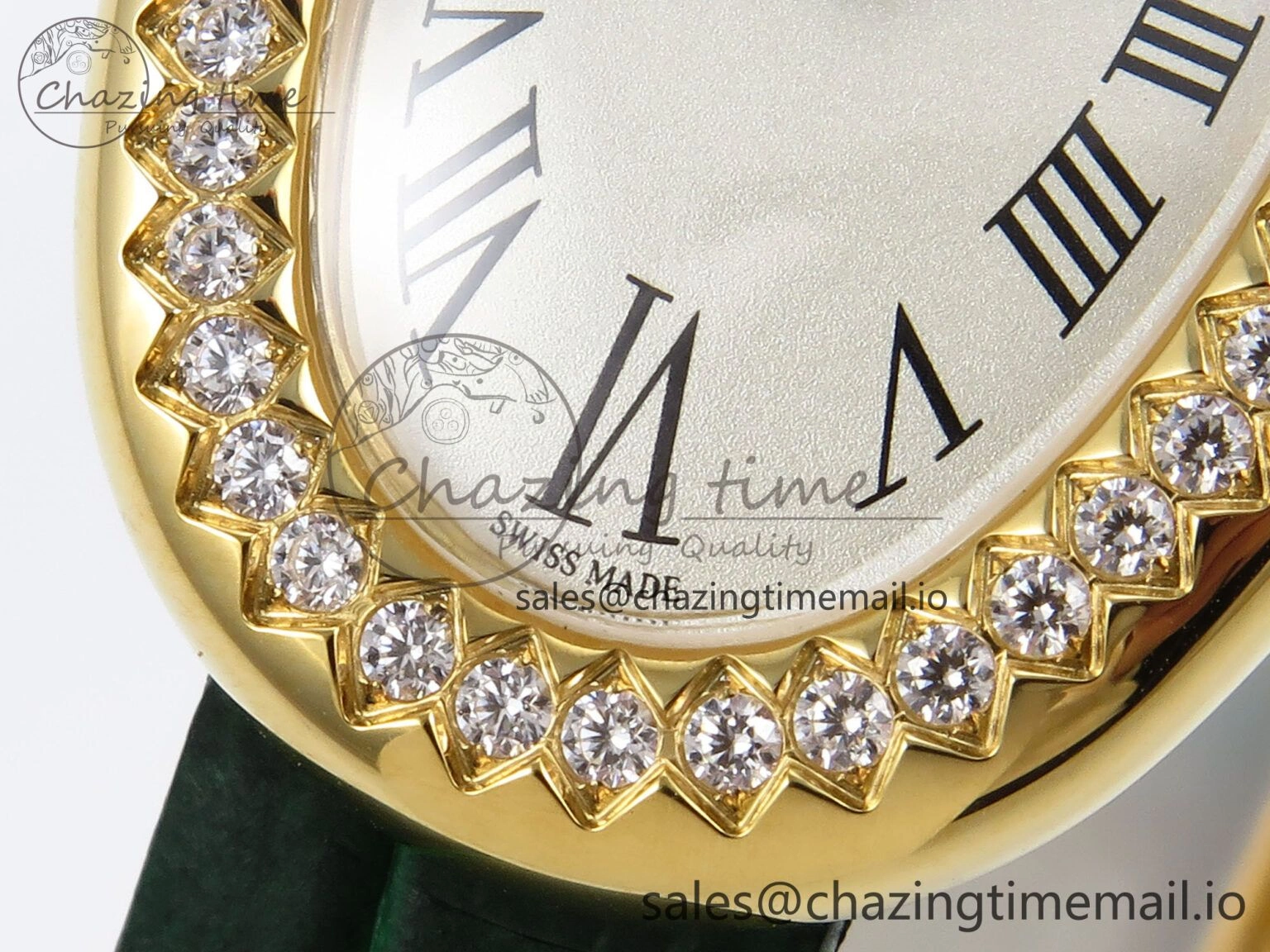 FlexibleFit Baignoire De Cartier YG AF 1:1 Best Edition Silver Dial Diamonds Bezel on Green Leather Strap Ronda Quartz 5861
