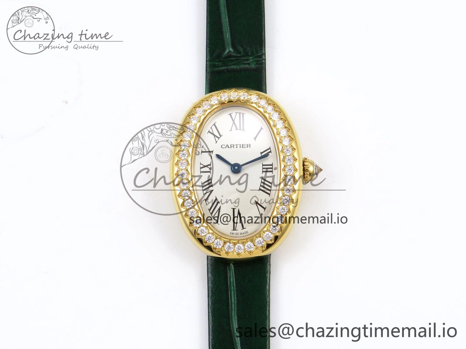 FlexibleFit Baignoire De Cartier YG AF 1:1 Best Edition Silver Dial Diamonds Bezel on Green Leather Strap Ronda Quartz 5861