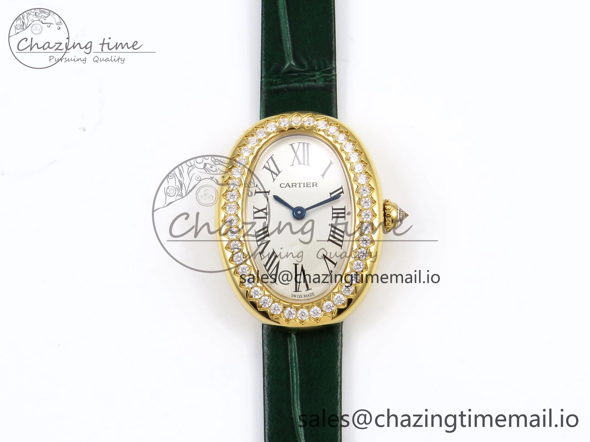 FlexibleFit Baignoire De Cartier YG AF 1:1 Best Edition Silver Dial Diamonds Bezel on Green Leather Strap Ronda Quartz 5861