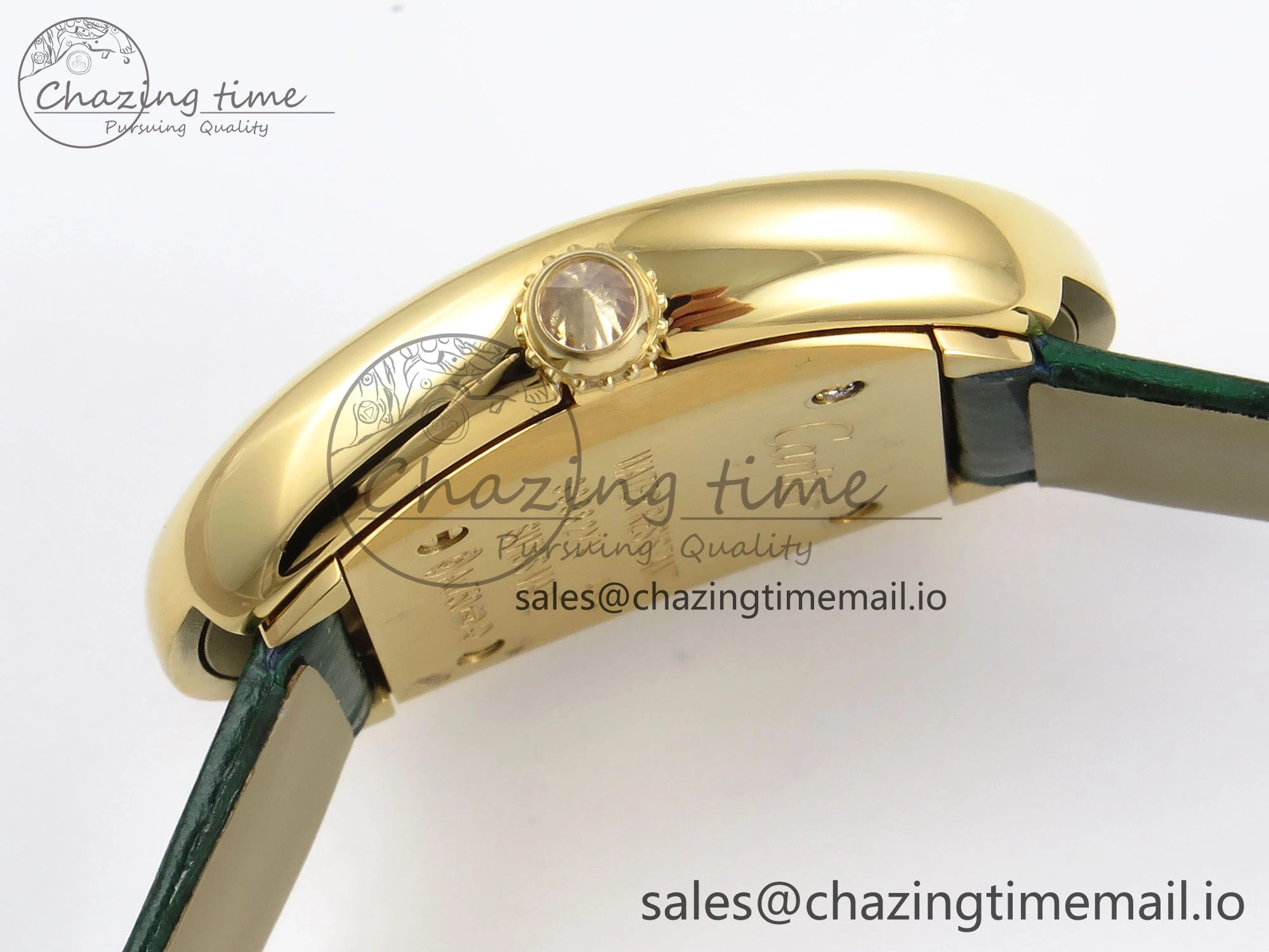 FlexibleFit Baignoire De Cartier YG AF 1:1 Best Edition Silver Dial Diamonds Bezel on Green Leather Strap Ronda Quartz 5861
