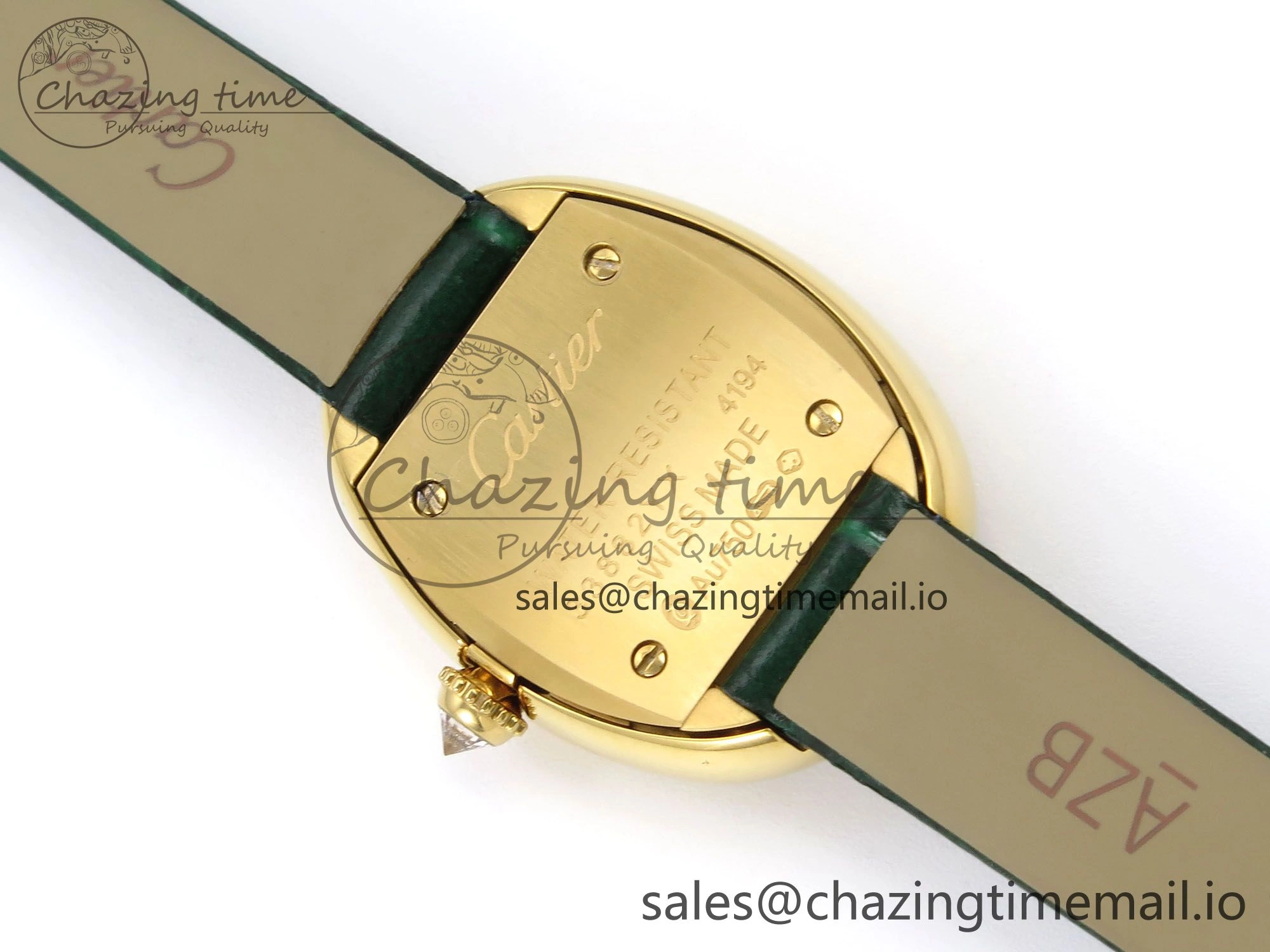 FlexibleFit Baignoire De Cartier YG AF 1:1 Best Edition Silver Dial Diamonds Bezel on Green Leather Strap Ronda Quartz 5861