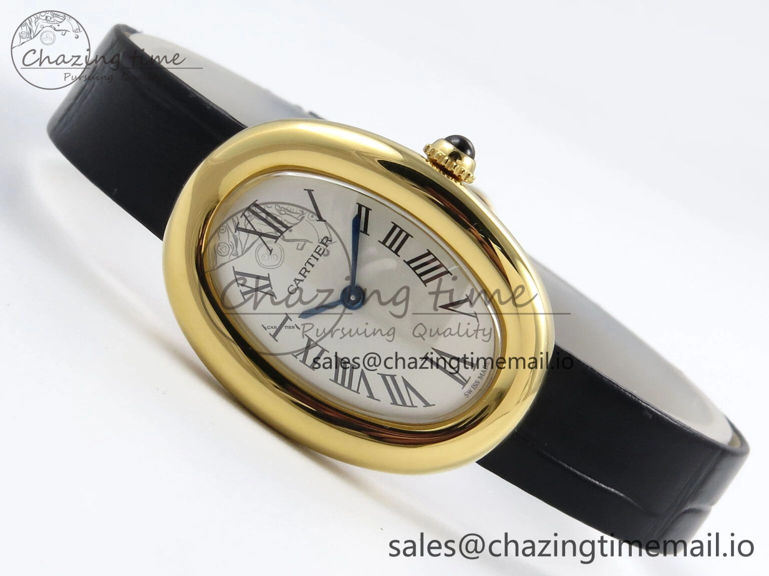 Lightweight Baignoire De Cartier YG AF 1:1 Best Edition Silver Dial on Black Leather Strap Ronda Quartz 5865