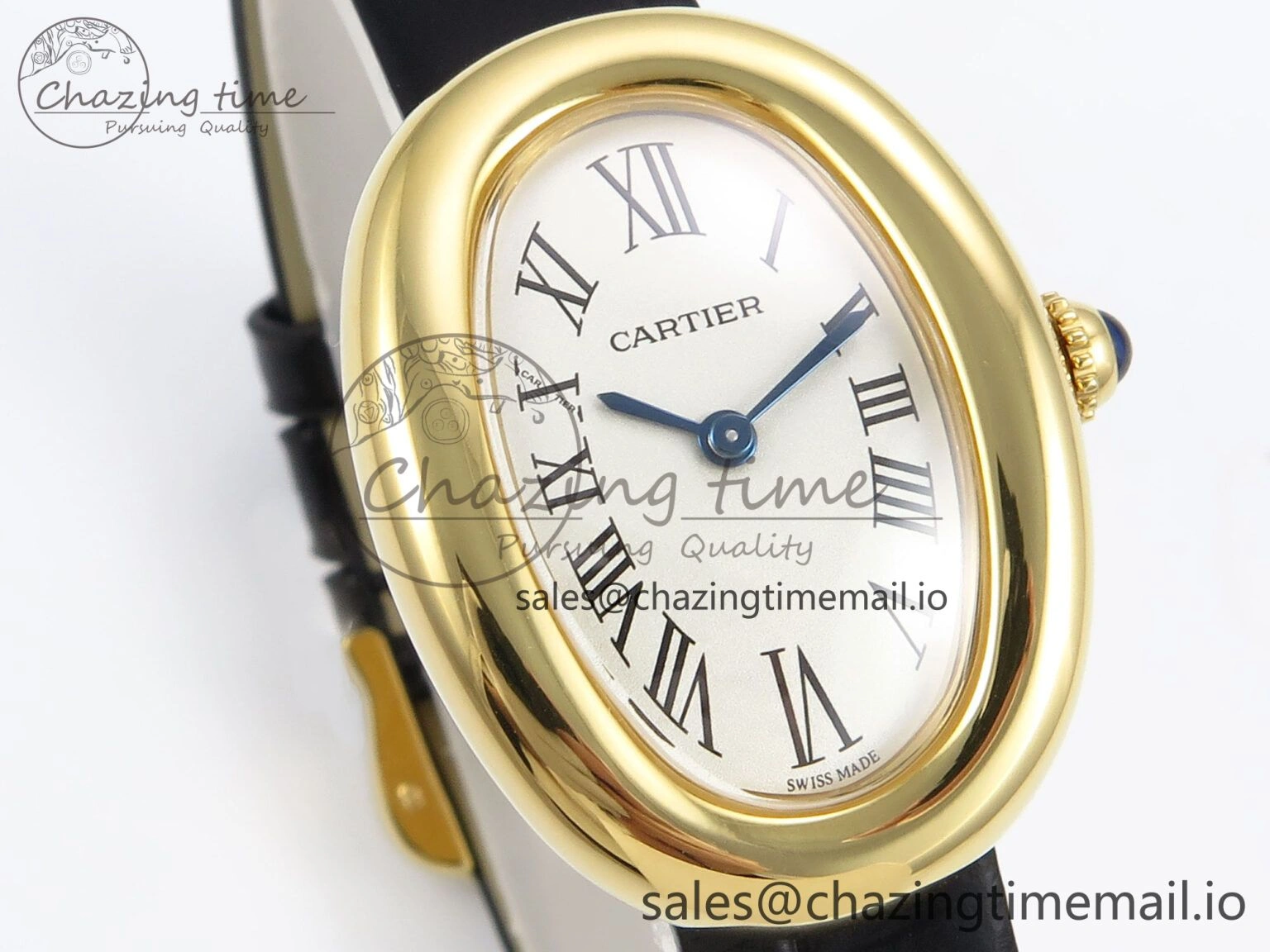 Lightweight Baignoire De Cartier YG AF 1:1 Best Edition Silver Dial on Black Leather Strap Ronda Quartz 5865