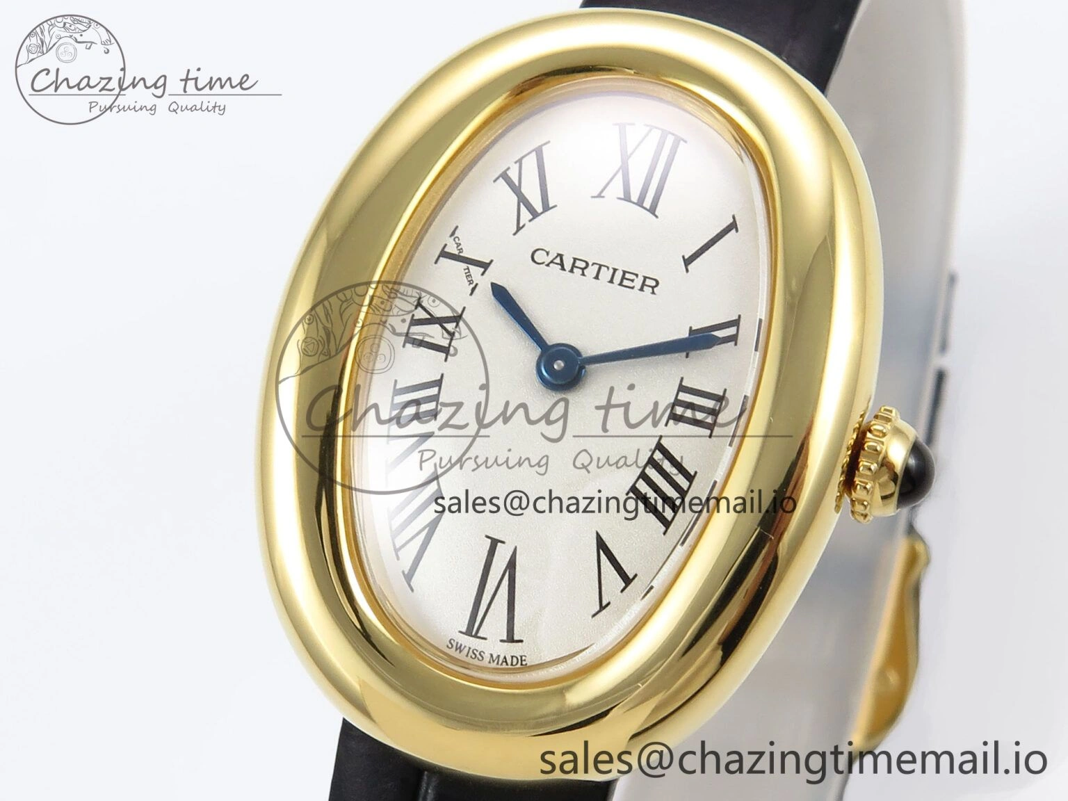 Lightweight Baignoire De Cartier YG AF 1:1 Best Edition Silver Dial on Black Leather Strap Ronda Quartz 5865