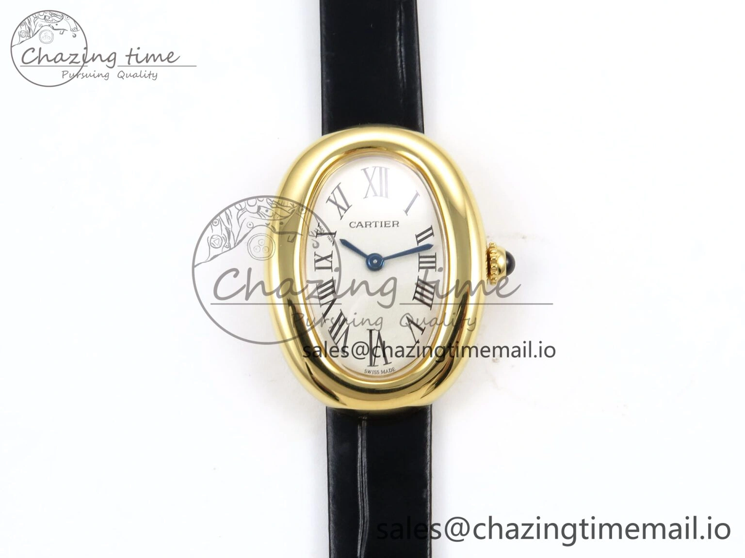 Lightweight Baignoire De Cartier YG AF 1:1 Best Edition Silver Dial on Black Leather Strap Ronda Quartz 5865