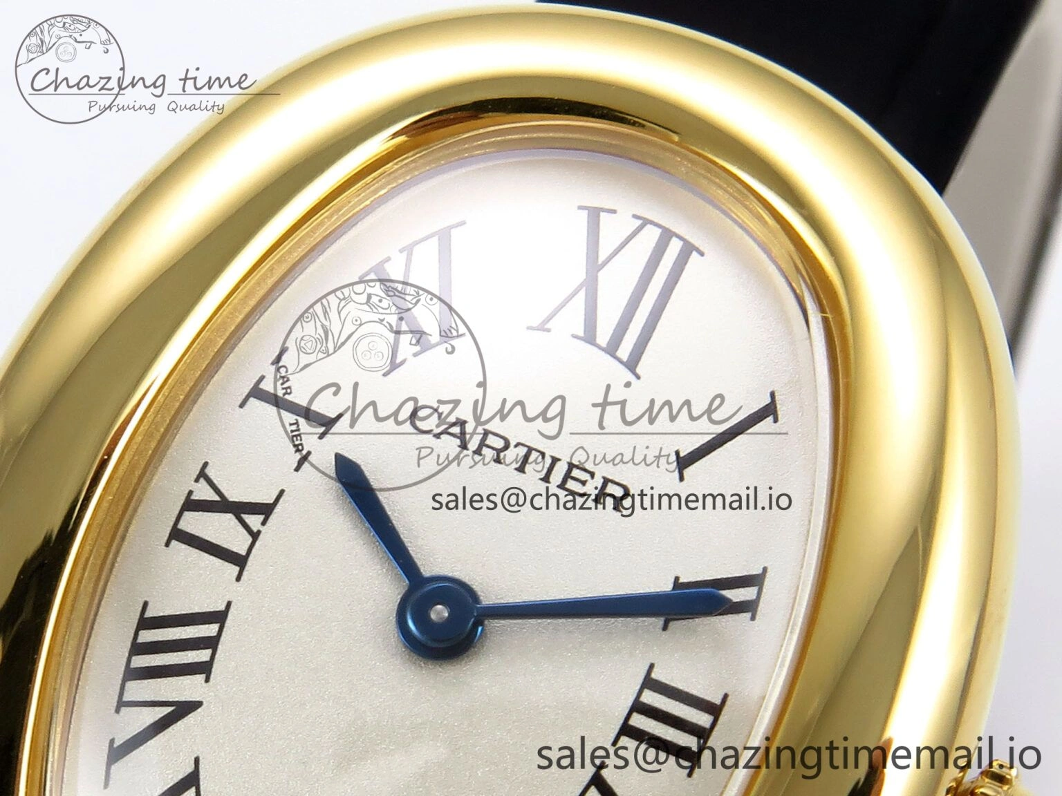 Lightweight Baignoire De Cartier YG AF 1:1 Best Edition Silver Dial on Black Leather Strap Ronda Quartz 5865